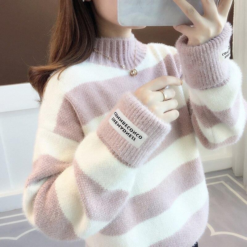 Tröja Dam Turtleneck Pullover Jumper Stripe Tjock Tröja Imiterad Minkull Tröja Sweter Damkläder