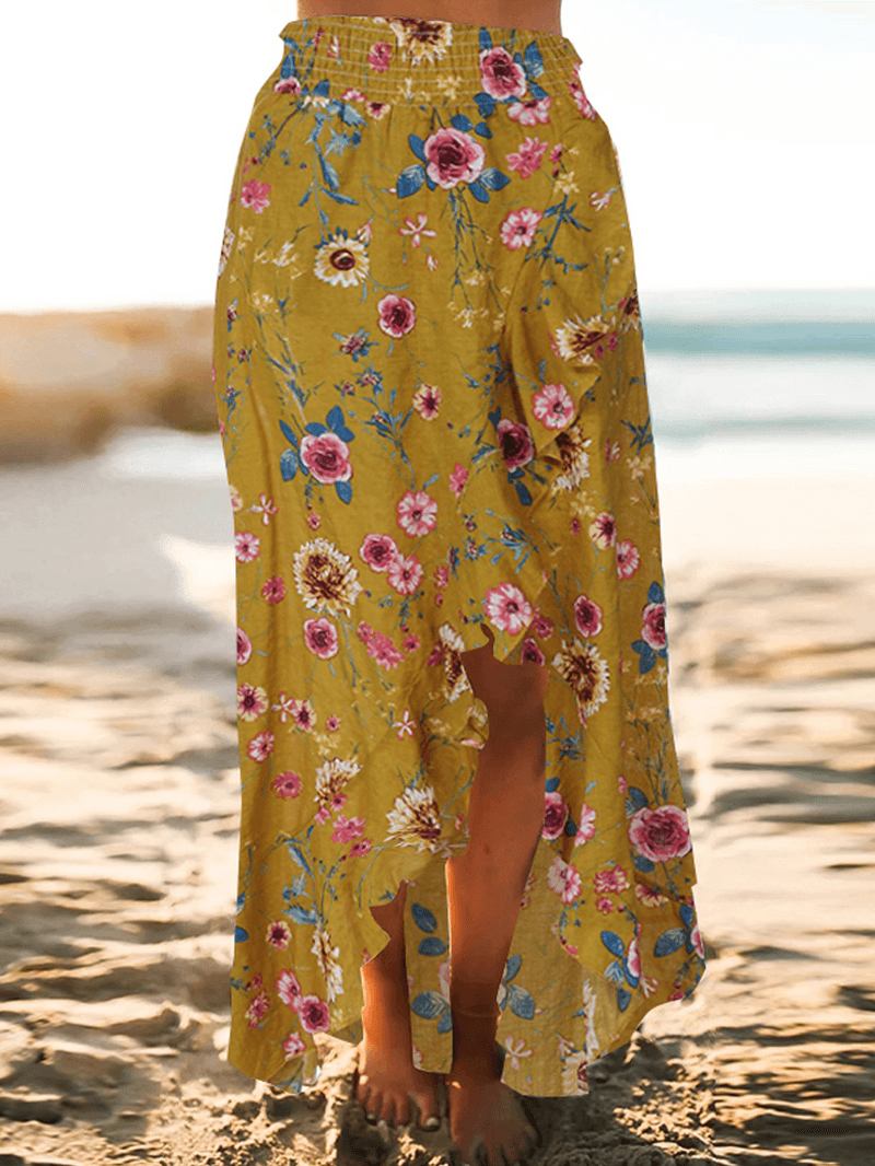 Bohemian Beach Floral Med Tryck Elastisk Midja Volang Hem Maxi Kjolar