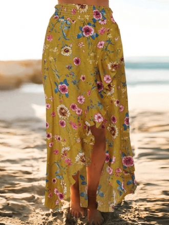 Bohemian Beach Floral Med Tryck Elastisk Midja Volang Hem Maxi Kjolar