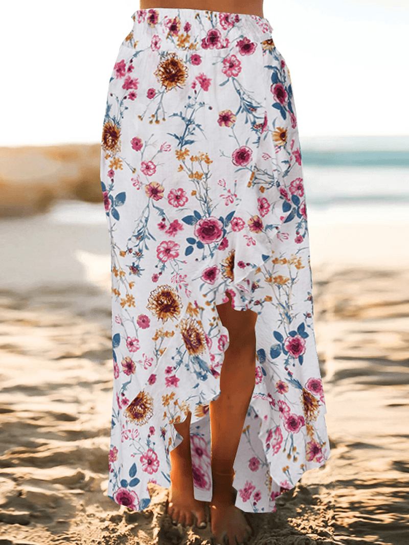 Bohemian Beach Floral Med Tryck Elastisk Midja Volang Hem Maxi Kjolar