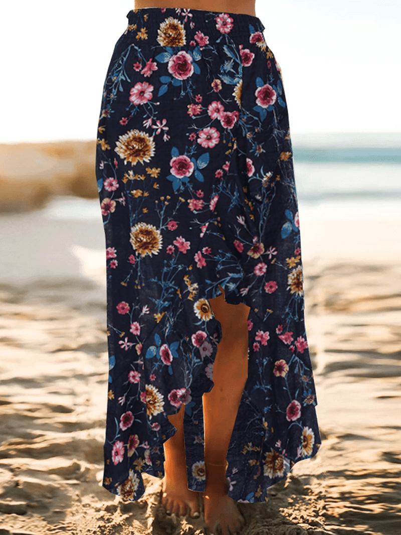 Bohemian Beach Floral Med Tryck Elastisk Midja Volang Hem Maxi Kjolar