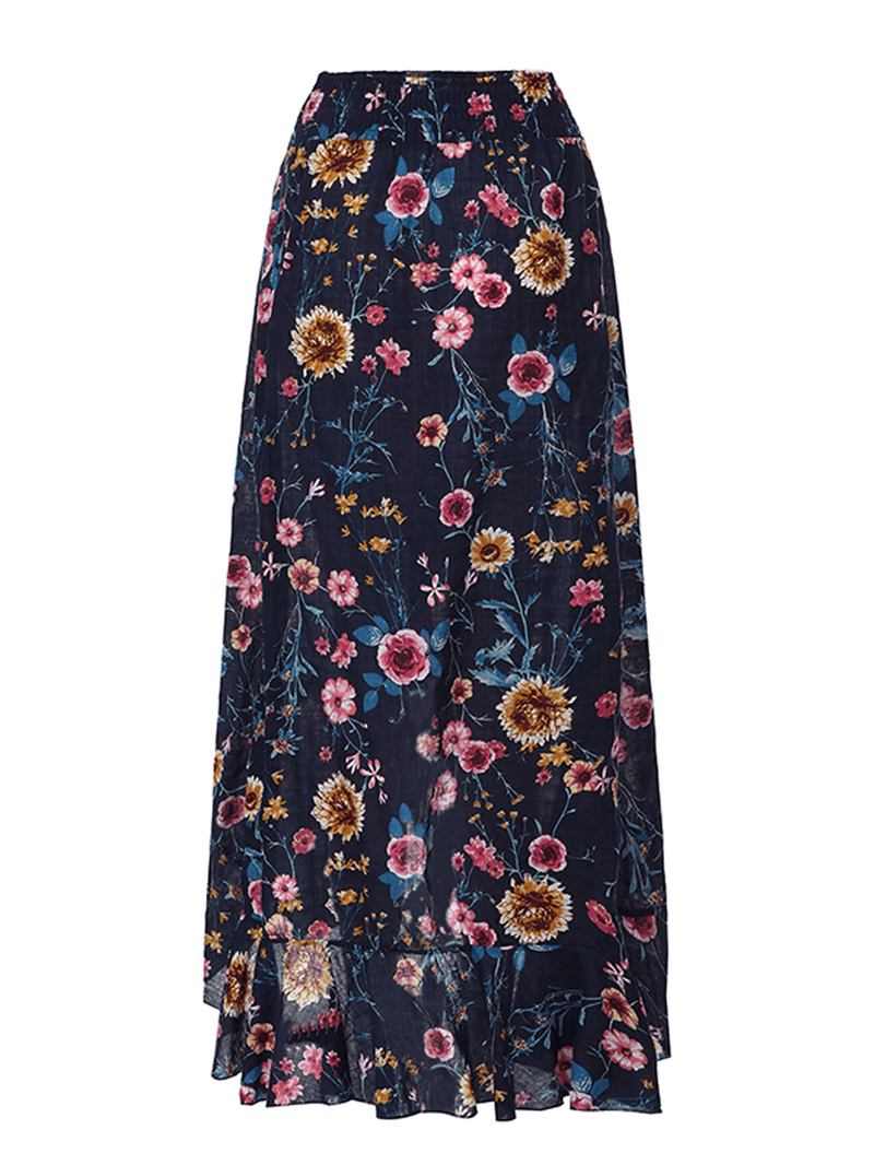 Bohemian Beach Floral Med Tryck Elastisk Midja Volang Hem Maxi Kjolar