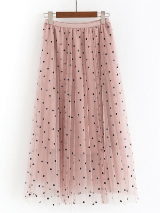 Kvinnor Polka Dot Med Tryck Gaze Elastisk Midja Midi Mesh Plisserad Kjol