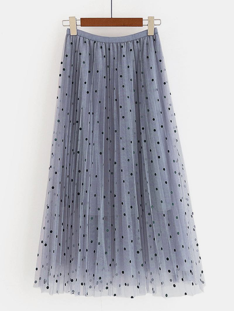 Kvinnor Polka Dot Med Tryck Gaze Elastisk Midja Midi Mesh Plisserad Kjol