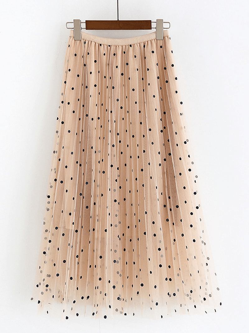 Kvinnor Polka Dot Med Tryck Gaze Elastisk Midja Midi Mesh Plisserad Kjol