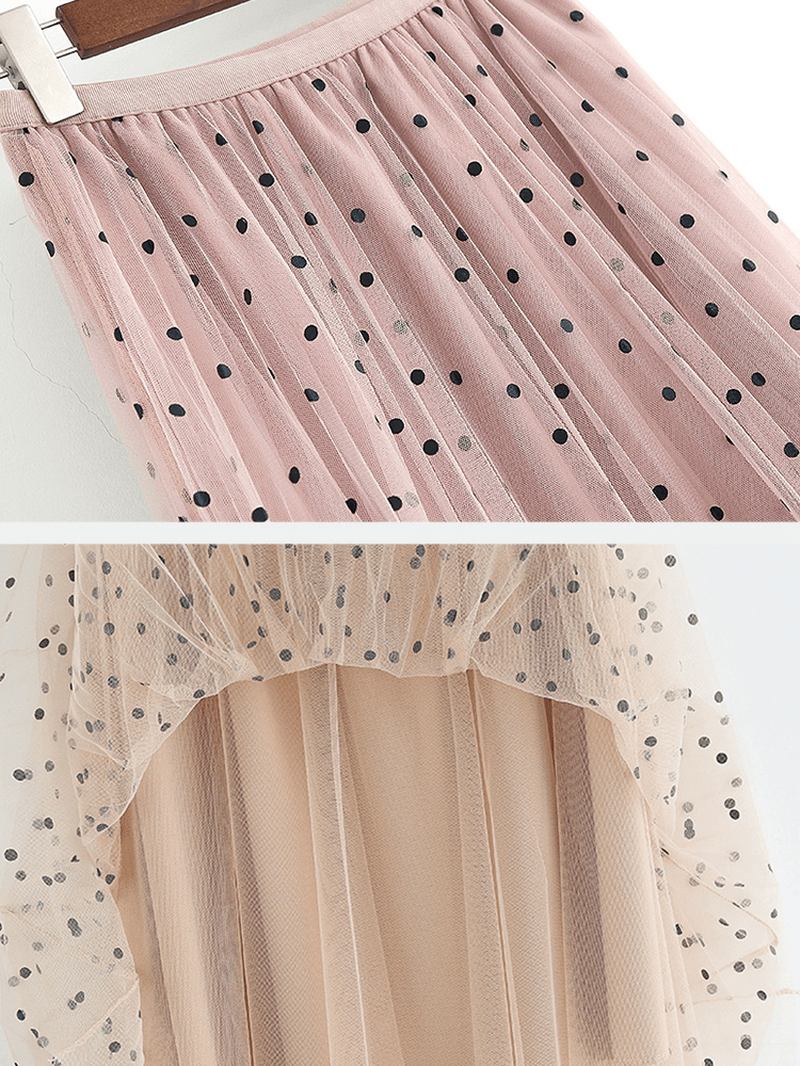 Kvinnor Polka Dot Med Tryck Gaze Elastisk Midja Midi Mesh Plisserad Kjol