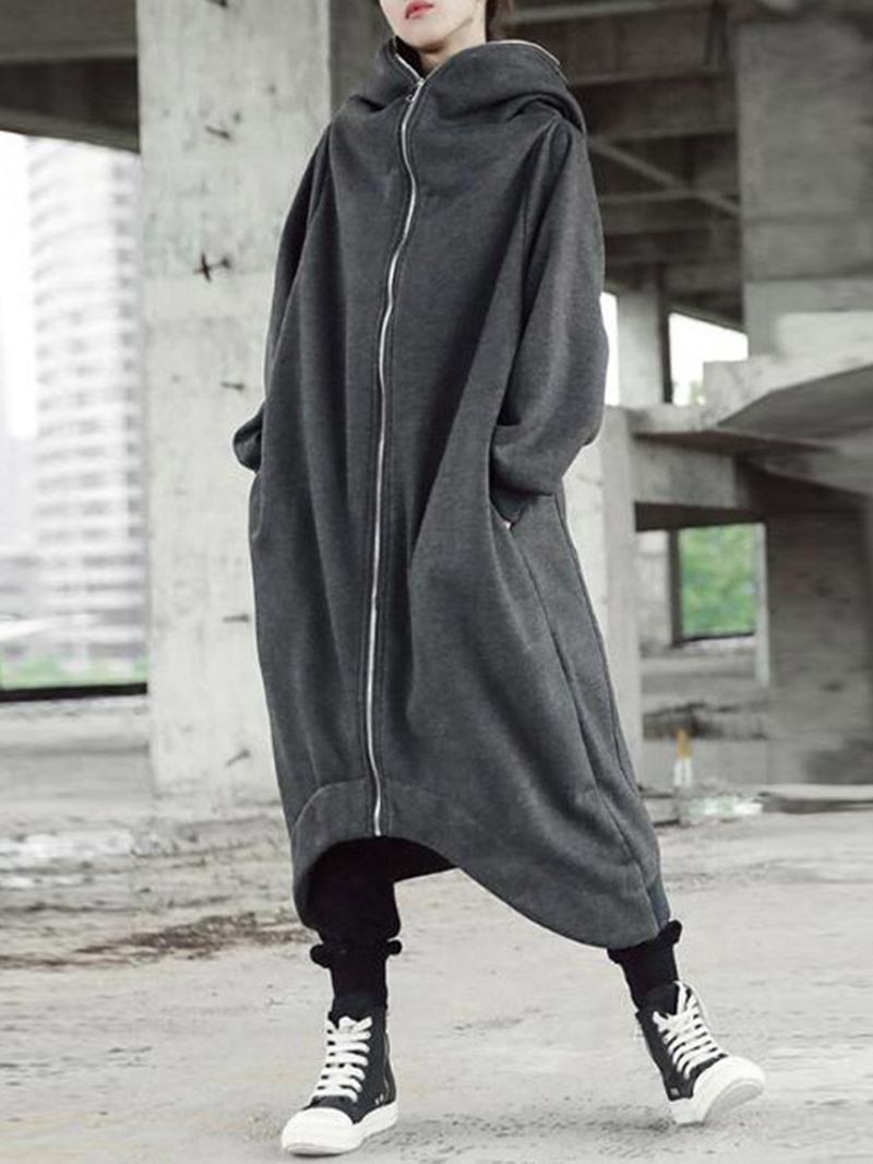 Dam Causal Hoodies Hooded Long Coats Dragkedja Asymmetriska Jackor