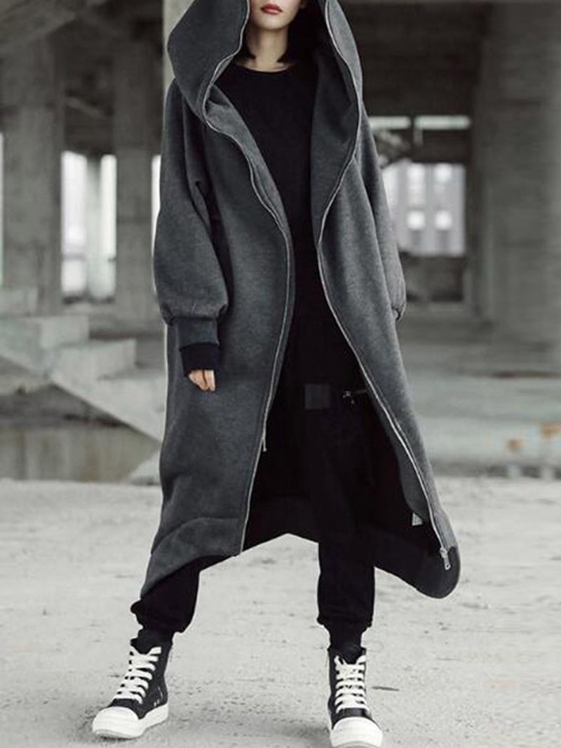 Dam Causal Hoodies Hooded Long Coats Dragkedja Asymmetriska Jackor