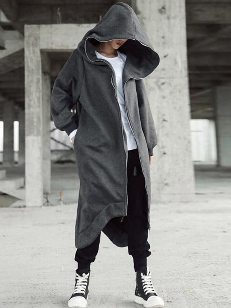 Dam Causal Hoodies Hooded Long Coats Dragkedja Asymmetriska Jackor