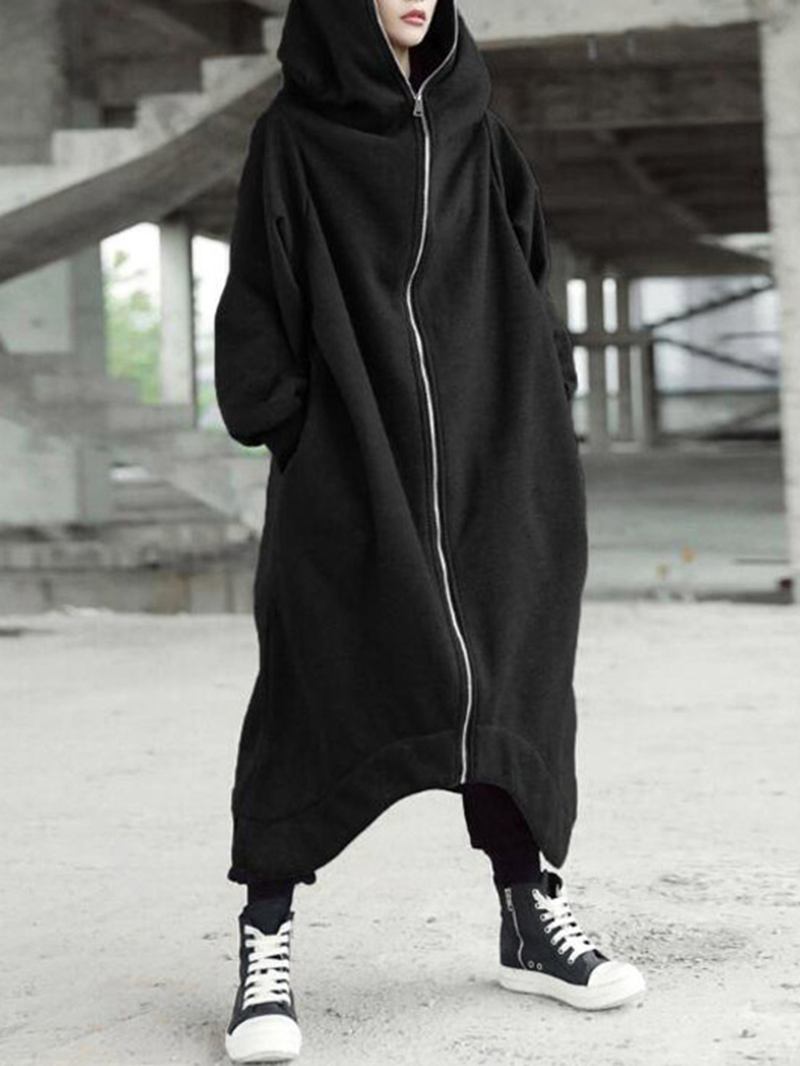 Dam Causal Hoodies Hooded Long Coats Dragkedja Asymmetriska Jackor