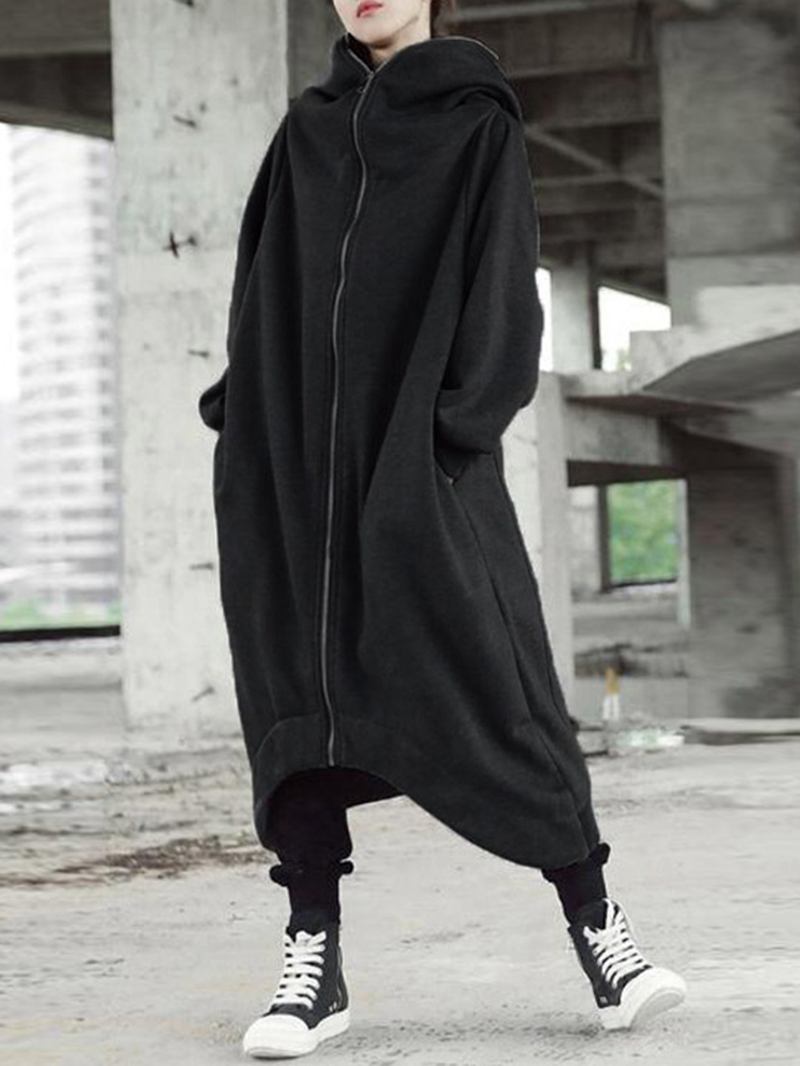 Dam Causal Hoodies Hooded Long Coats Dragkedja Asymmetriska Jackor