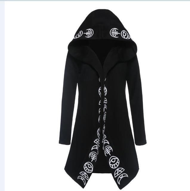 Höst Gothic Casual Cool Chic Black Plus Size Damtröjor Lösa Bomull Huvtröjor Enfärgat Tryck Punkhuvtröjor För Kvinnor