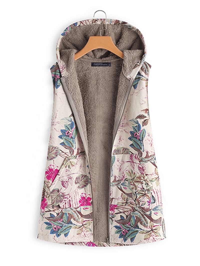 Kvinnor Ärmlös Dragkedja Med Blommönster Väst Ytterkläder Hooded Coats