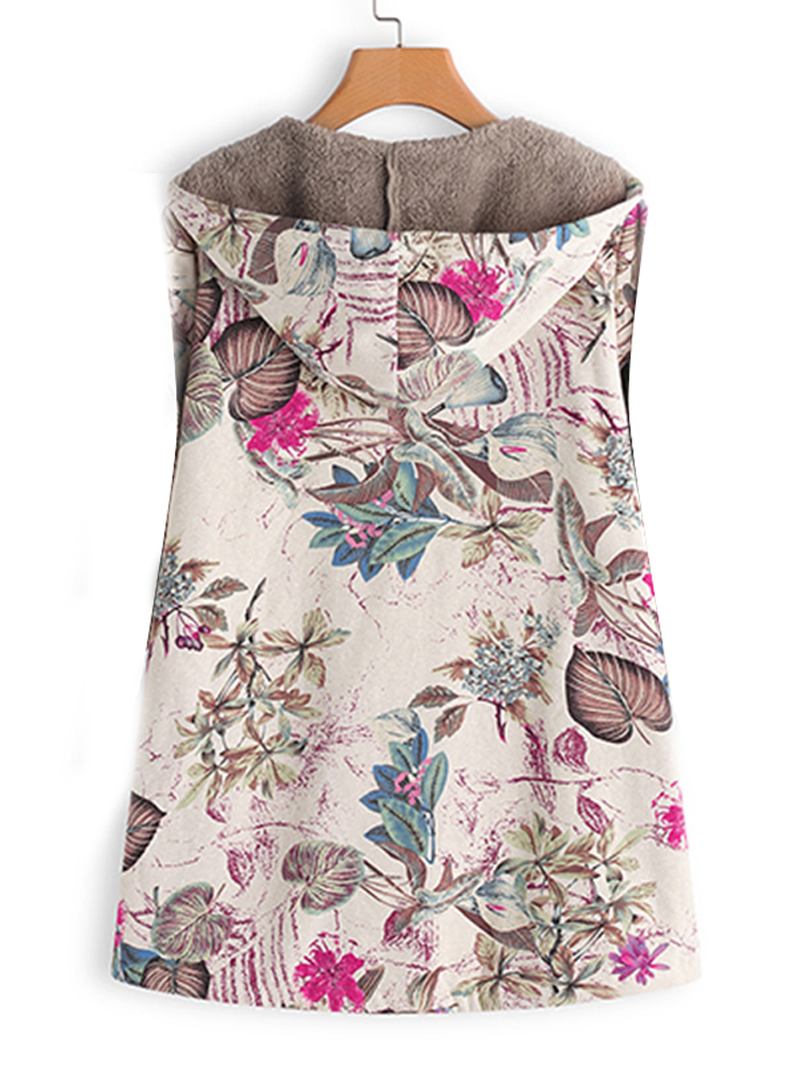 Kvinnor Ärmlös Dragkedja Med Blommönster Väst Ytterkläder Hooded Coats