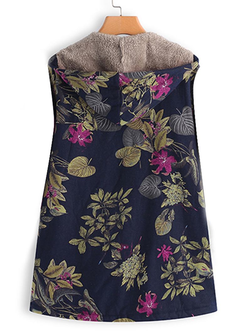 Kvinnor Ärmlös Dragkedja Med Blommönster Väst Ytterkläder Hooded Coats