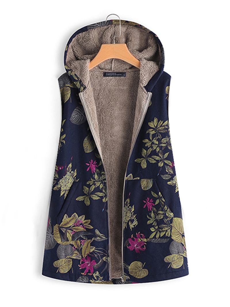 Kvinnor Ärmlös Dragkedja Med Blommönster Väst Ytterkläder Hooded Coats