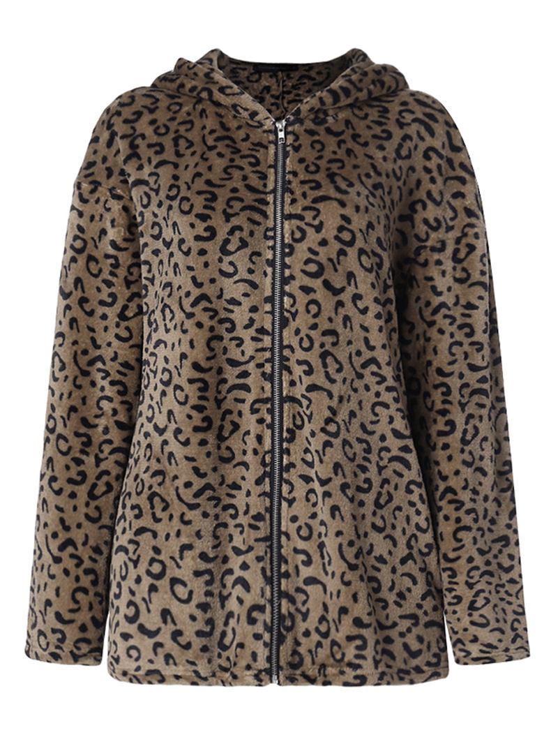 Kvinnor Casual Zip Up Leopard Med Tryck Huvkappor