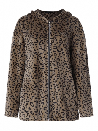 Kvinnor Casual Zip Up Leopard Med Tryck Huvkappor