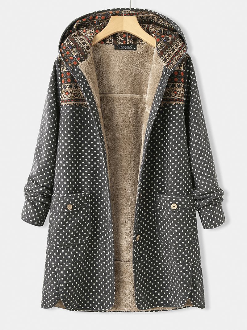 Polka Dot Long Sleeve Hooded Patchwork Fleece Pocket Coats För Kvinnor