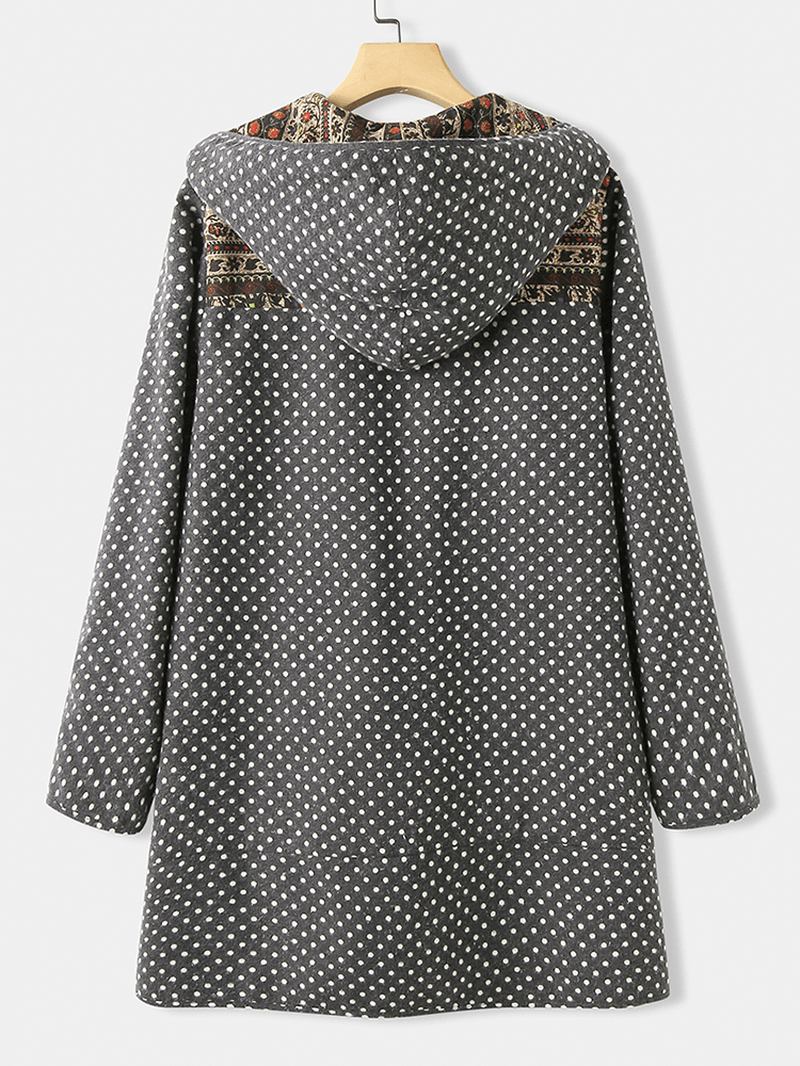 Polka Dot Long Sleeve Hooded Patchwork Fleece Pocket Coats För Kvinnor