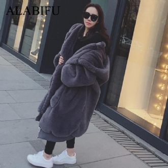 Vinter Fuskpälsrock Kvinnor 2018 Lång Varm Fuskpälsjacka Kappa Casual Luvtröjor Loose Pocket Coat Ytterkläder Casaco Feminino