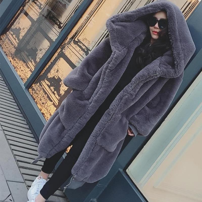 Vinter Fuskpälsrock Kvinnor 2018 Lång Varm Fuskpälsjacka Kappa Casual Luvtröjor Loose Pocket Coat Ytterkläder Casaco Feminino