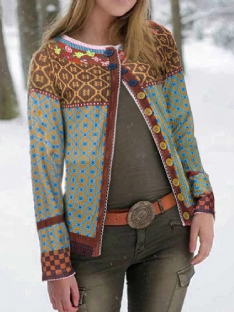 Etniskt Tryck Patchwork Långärmade Cardigans För Kvinnor