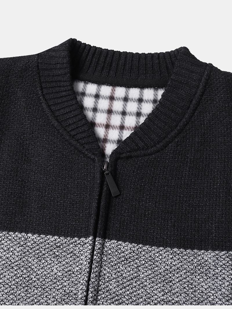 Herr Colorblock Stickad Dragkedja Baseball Krage Sweater Cardigans