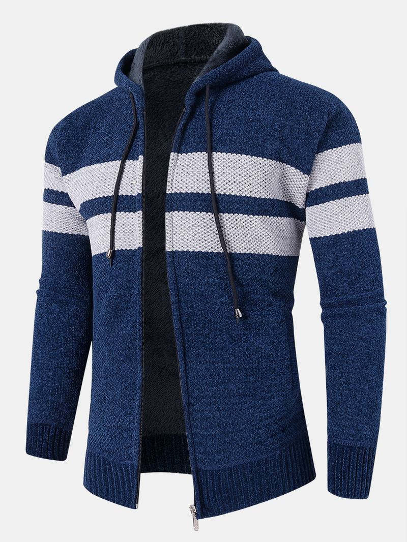 Herr Colorblock Stickad Zipper Warm Hood Sweater Cardigans