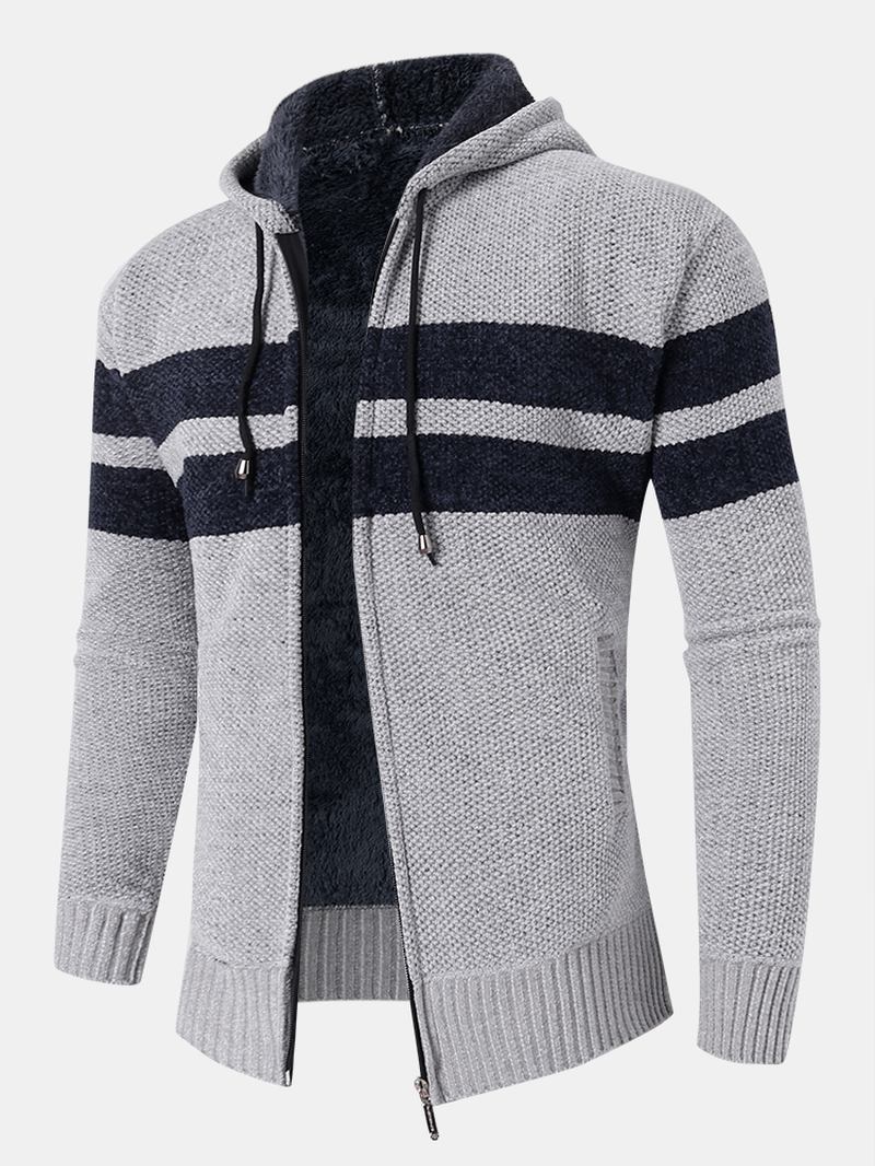 Herr Colorblock Stickad Zipper Warm Hood Sweater Cardigans