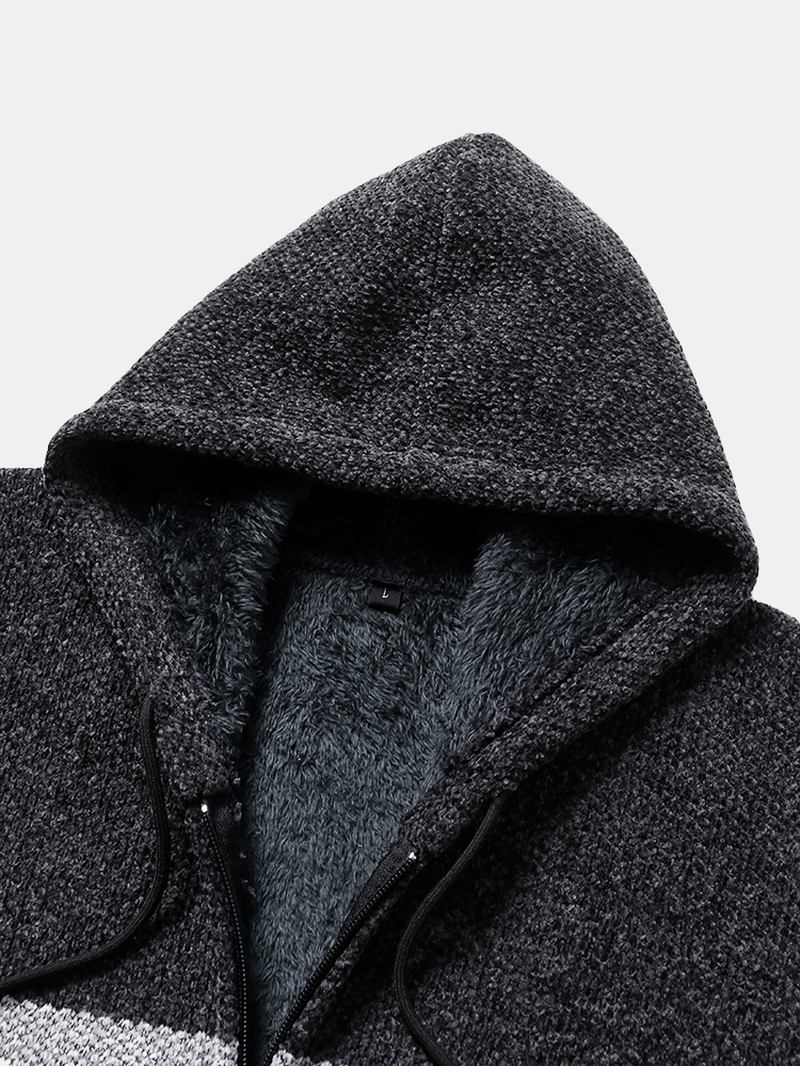 Herr Colorblock Stickad Zipper Warm Hood Sweater Cardigans