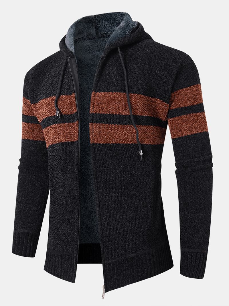 Herr Colorblock Stickad Zipper Warm Hood Sweater Cardigans