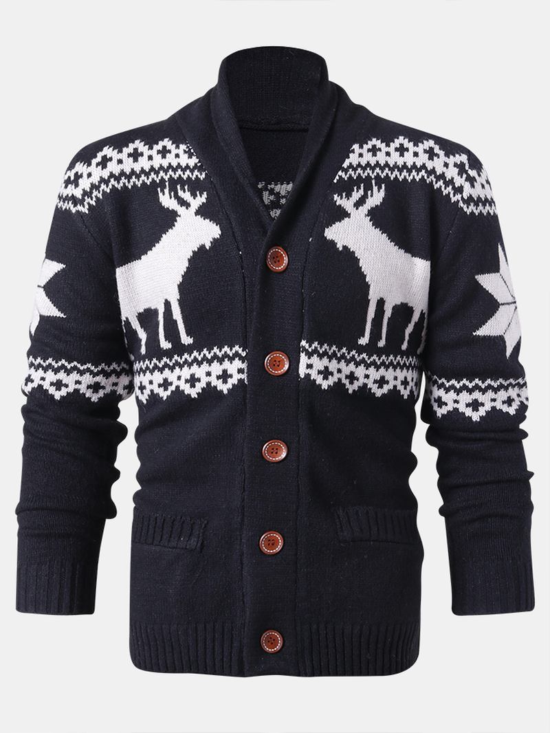 Herr Jul Ren Button Tjock Varm Casual Stickad Cardigan Sweater