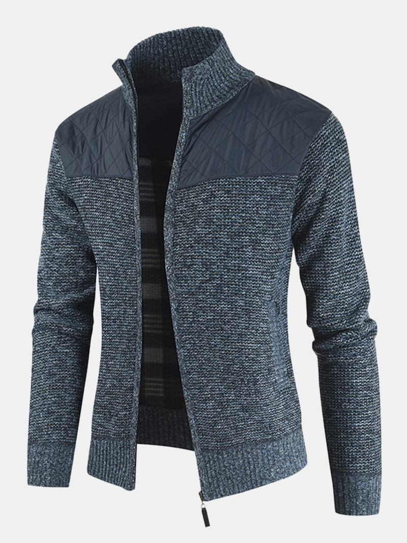 Herr Patchwork Zip Front Stand Krage Stickade Casual Cardigans Med Ficka