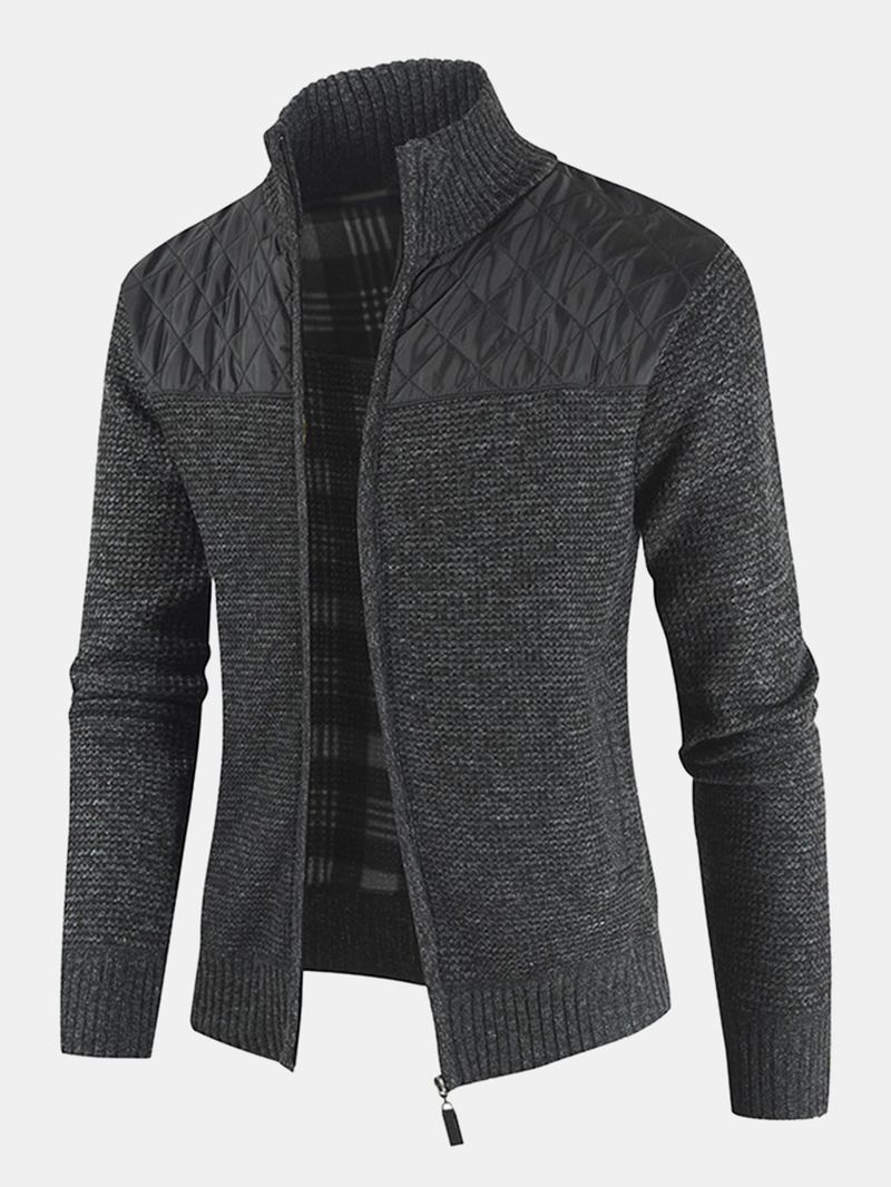 Herr Patchwork Zip Front Stand Krage Stickade Casual Cardigans Med Ficka