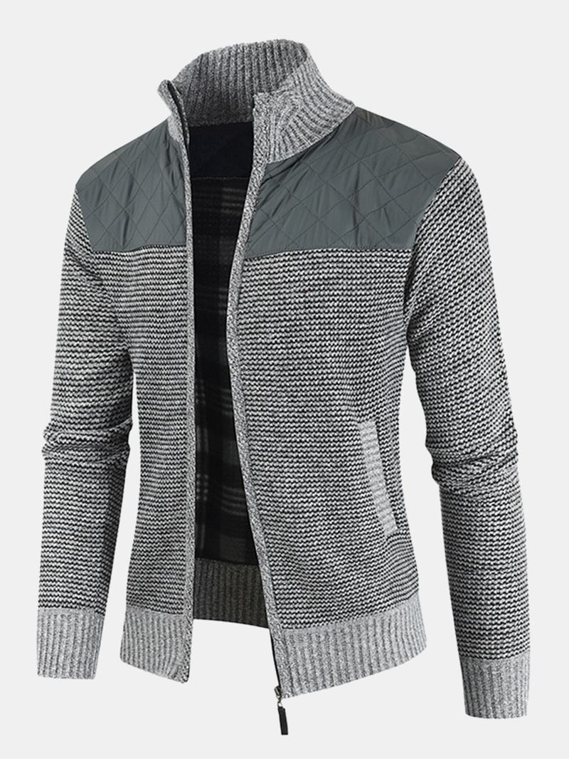 Herr Patchwork Zip Front Stand Krage Stickade Casual Cardigans Med Ficka