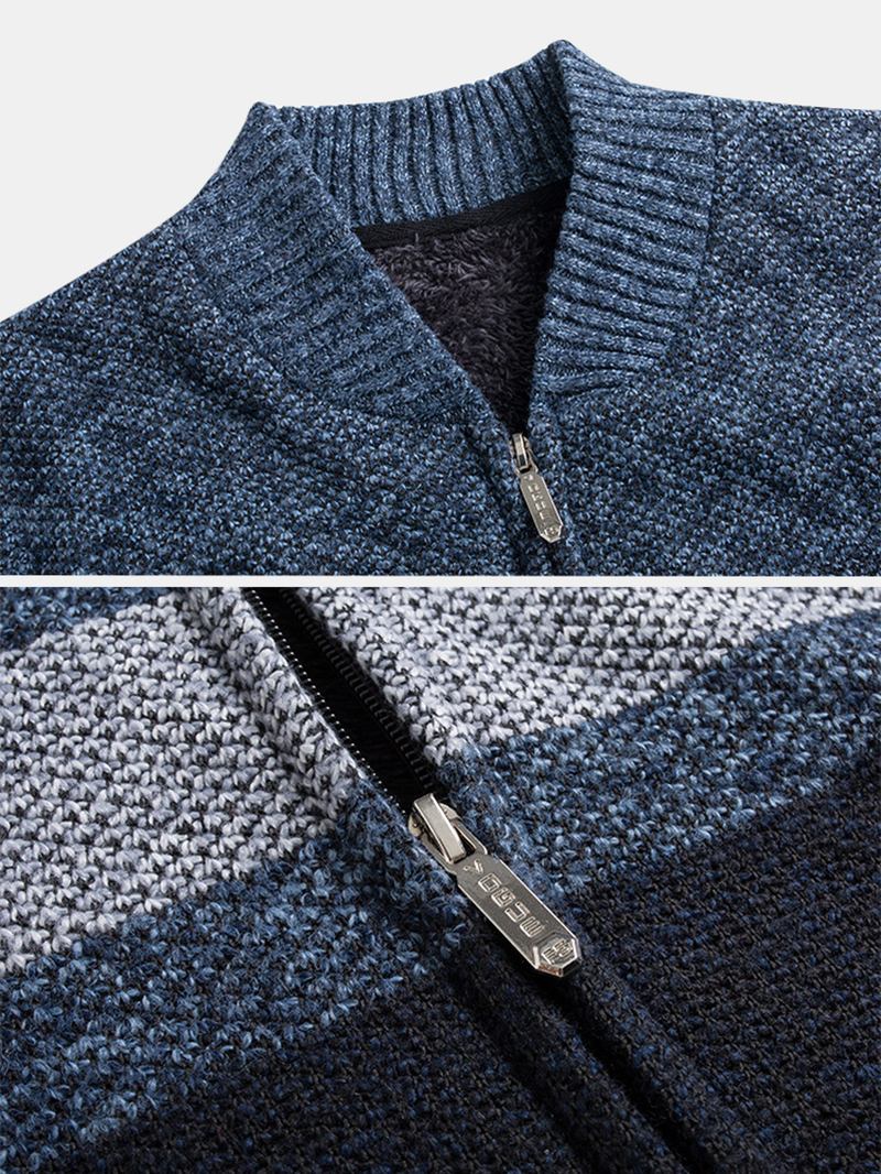 Herr Patchwork Zip Rib-stickade Plyschfodrade Bomullskoftor Med Ficka