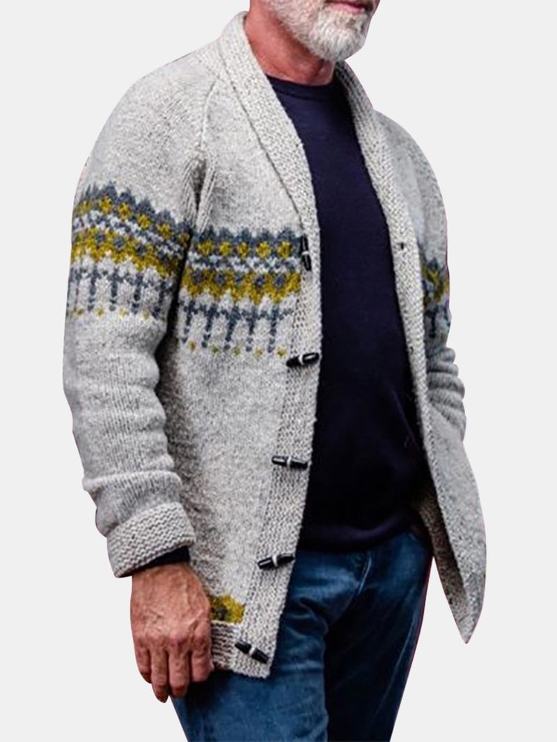 Herr Vintage Mönster Stickad Knapp Fram Casual Raglanärm Cardigans