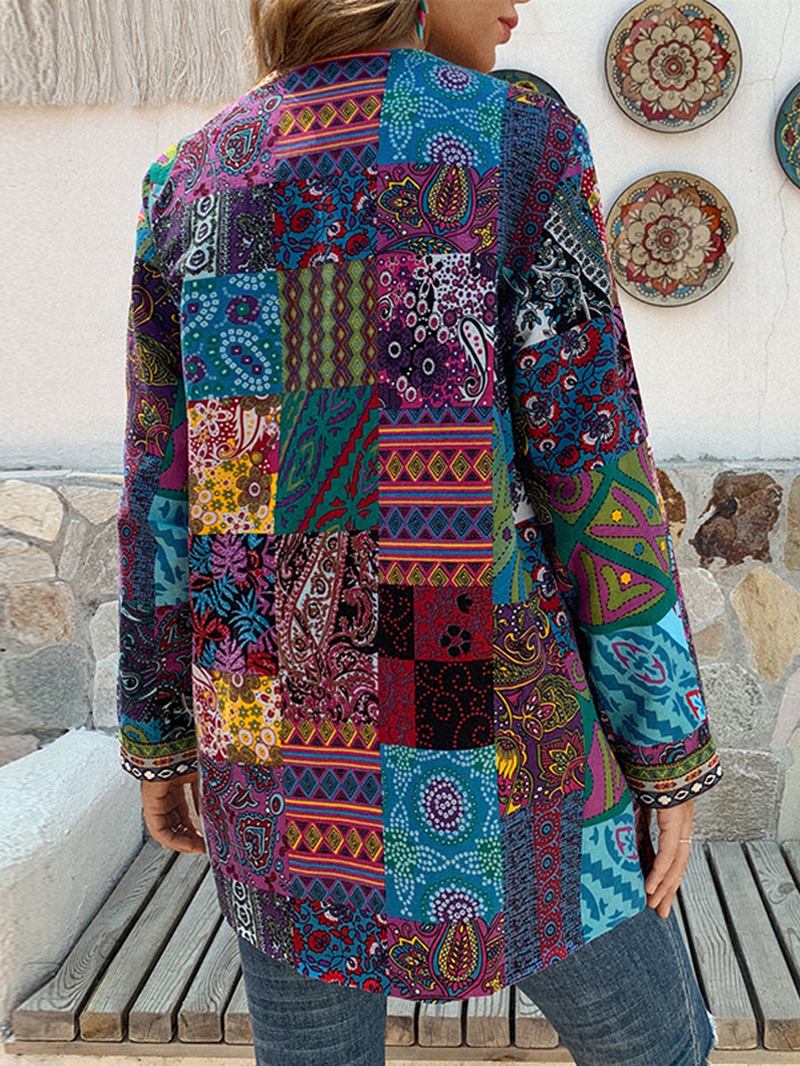 Kvinnor Retro Blommönster Patchwork Långärmad Oregelbunden Bomull Etnisk Stil Vintage Cardigans