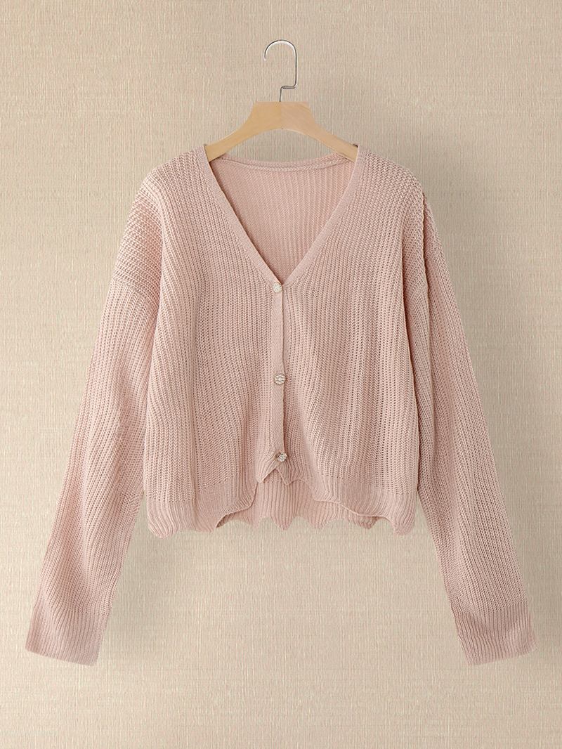 Kvinnor Solid Enkel Mild Rosa Oregelbunden Fåll Daily Wear Stickad Cardigan