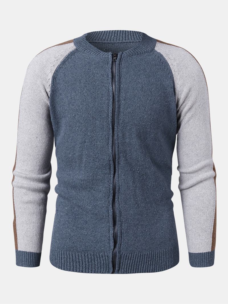 Män Patchwork Baksida Bokstavsmönster Zip Front Stickade Casual Cardigans