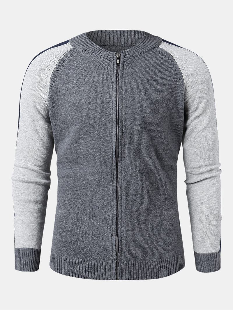 Män Patchwork Baksida Bokstavsmönster Zip Front Stickade Casual Cardigans