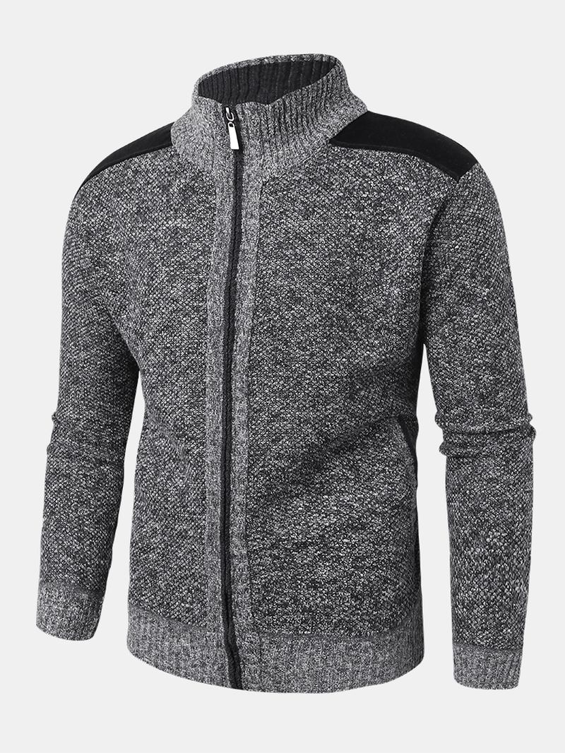 Män Patchwork Zip Front Stickad Patchad Ärm Varma Cardigans