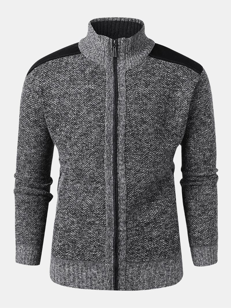 Män Patchwork Zip Front Stickad Patchad Ärm Varma Cardigans