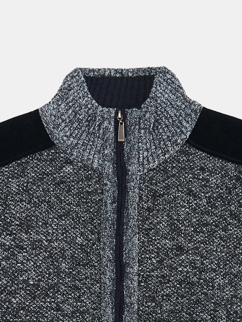 Män Patchwork Zip Front Stickad Patchad Ärm Varma Cardigans