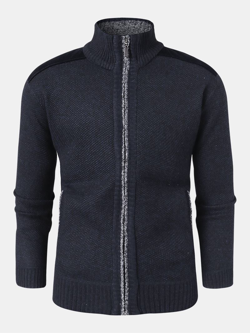 Män Patchwork Zip Front Stickad Patchad Ärm Varma Cardigans