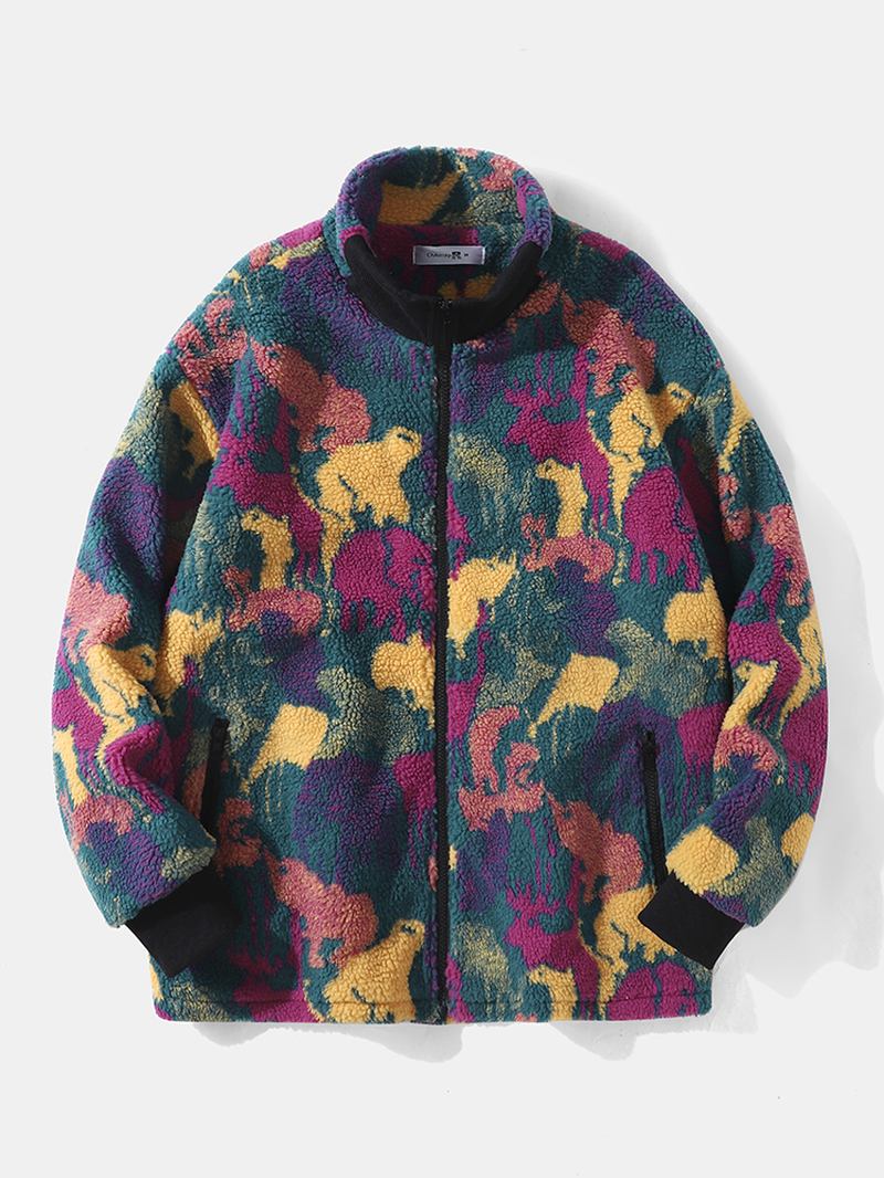 Män Polar Fleece Tie Dye Stativ Krage Fickor Zip Cardigans Jacka Coat