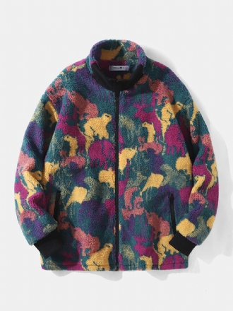 Män Polar Fleece Tie Dye Stativ Krage Fickor Zip Cardigans Jacka Coat