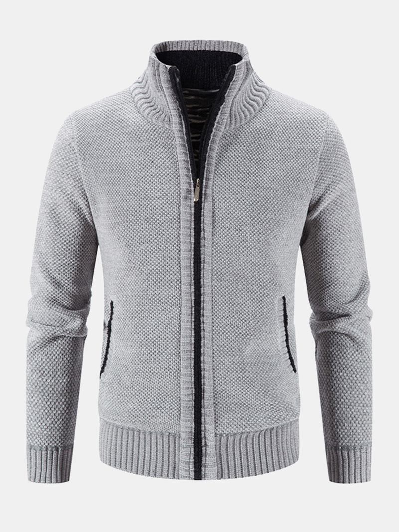 Män Stickade Plus Sammet Elastiska Fållfickor Dragkedja Pure Solid Sweater Cardigans