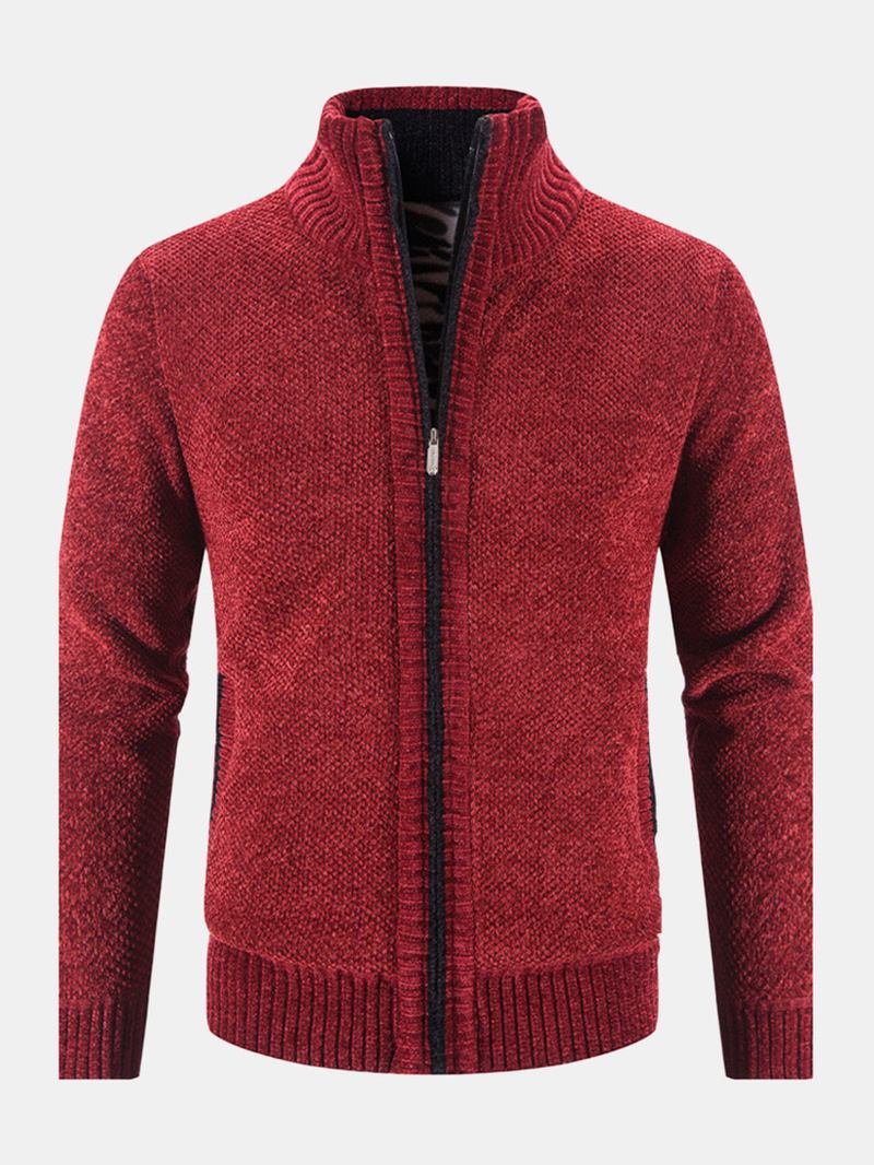 Män Stickade Plus Sammet Elastiska Fållfickor Dragkedja Pure Solid Sweater Cardigans